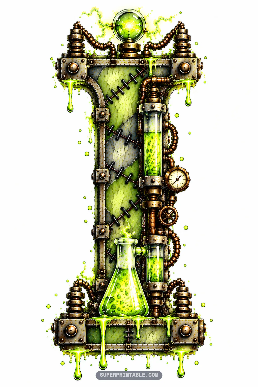 Upright letter I column topped with a glowing Tesla plasma orb above an Erlenmeyer flask of green serum