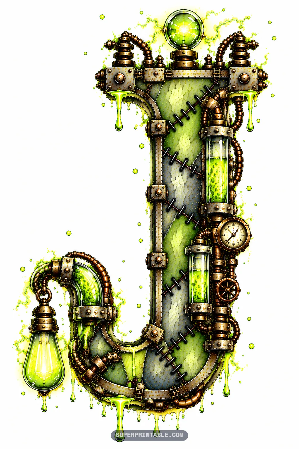 Letter J shaped with stitched green skin, a pressure gauge dial, and a hanging glowing Edison filament bulb