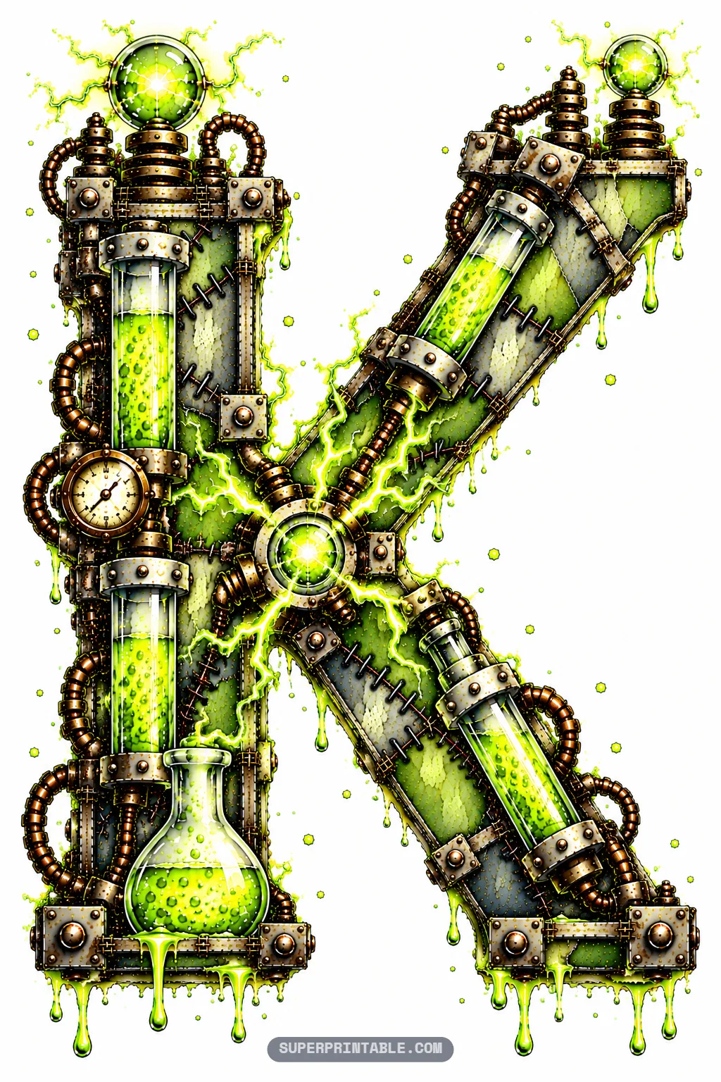 Letter K with a central glowing plasma spark hub, bubbling green chemical tubes, and riveted metal braces