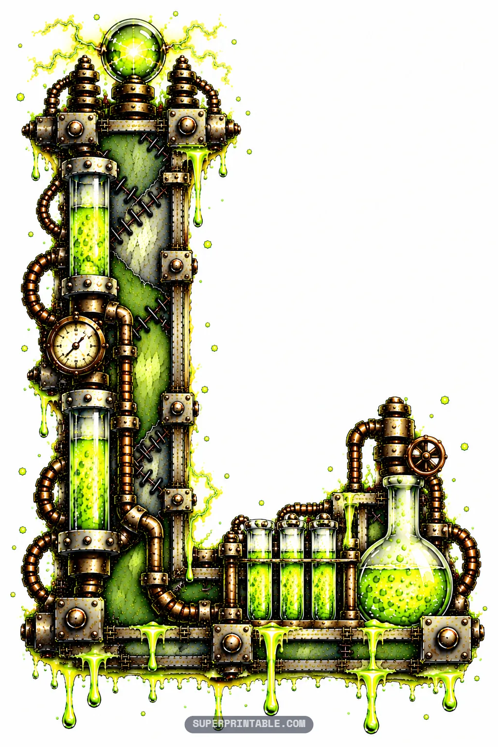 Letter L featuring stacked fluid cylinders, an analog gauge, and three test tubes next to a boiling flask