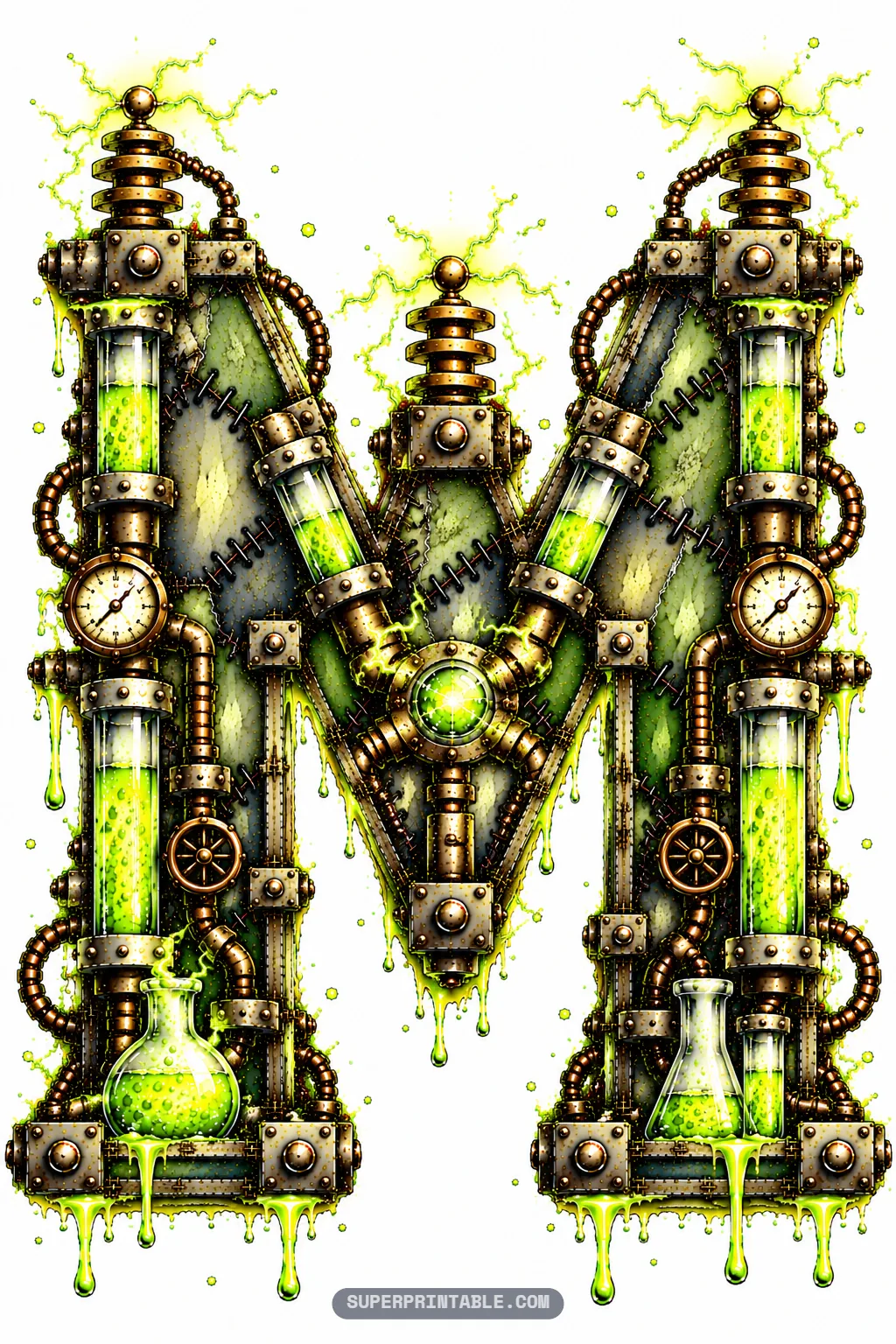 Letter M with three Tesla coils crackling with electric lightning, potion tubes, and bubbling laboratory flasks