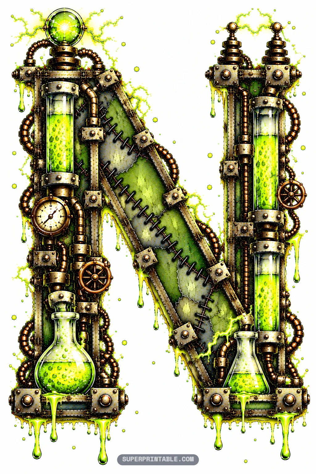 Letter N with twin towers, a crackling electric diagonal strut, and bubbling green flasks at each base