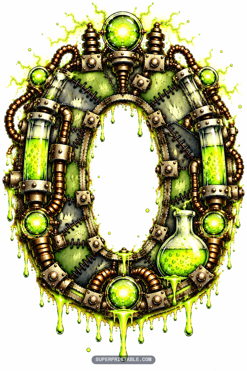 Oval letter O encircled by four glowing plasma globes, glass potion cylinders, and dripping neon slime