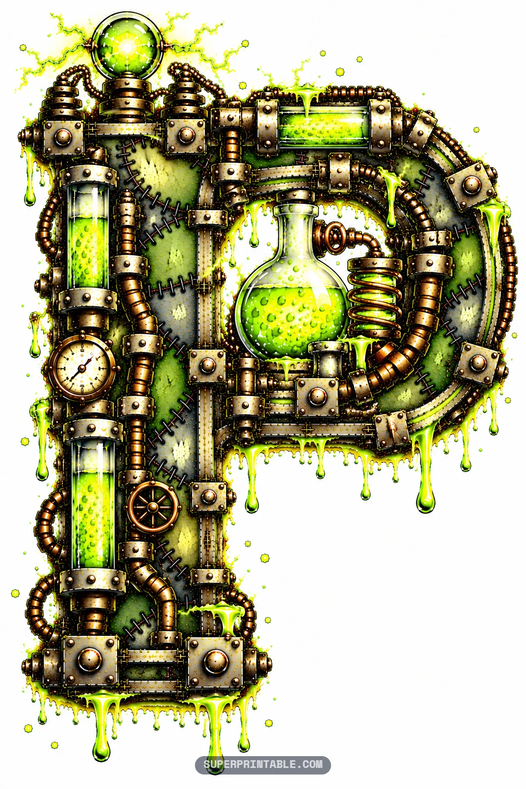 Letter P featuring a curved loop holding a round boiling flask with green potion and coiled copper piping