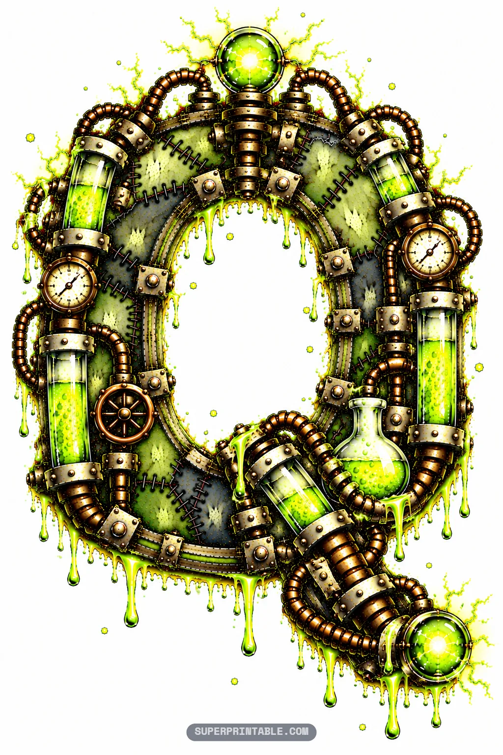 Letter Q with a glowing plasma orb tail, bubbling green potion tubes, pressure gauges, and dripping ooze