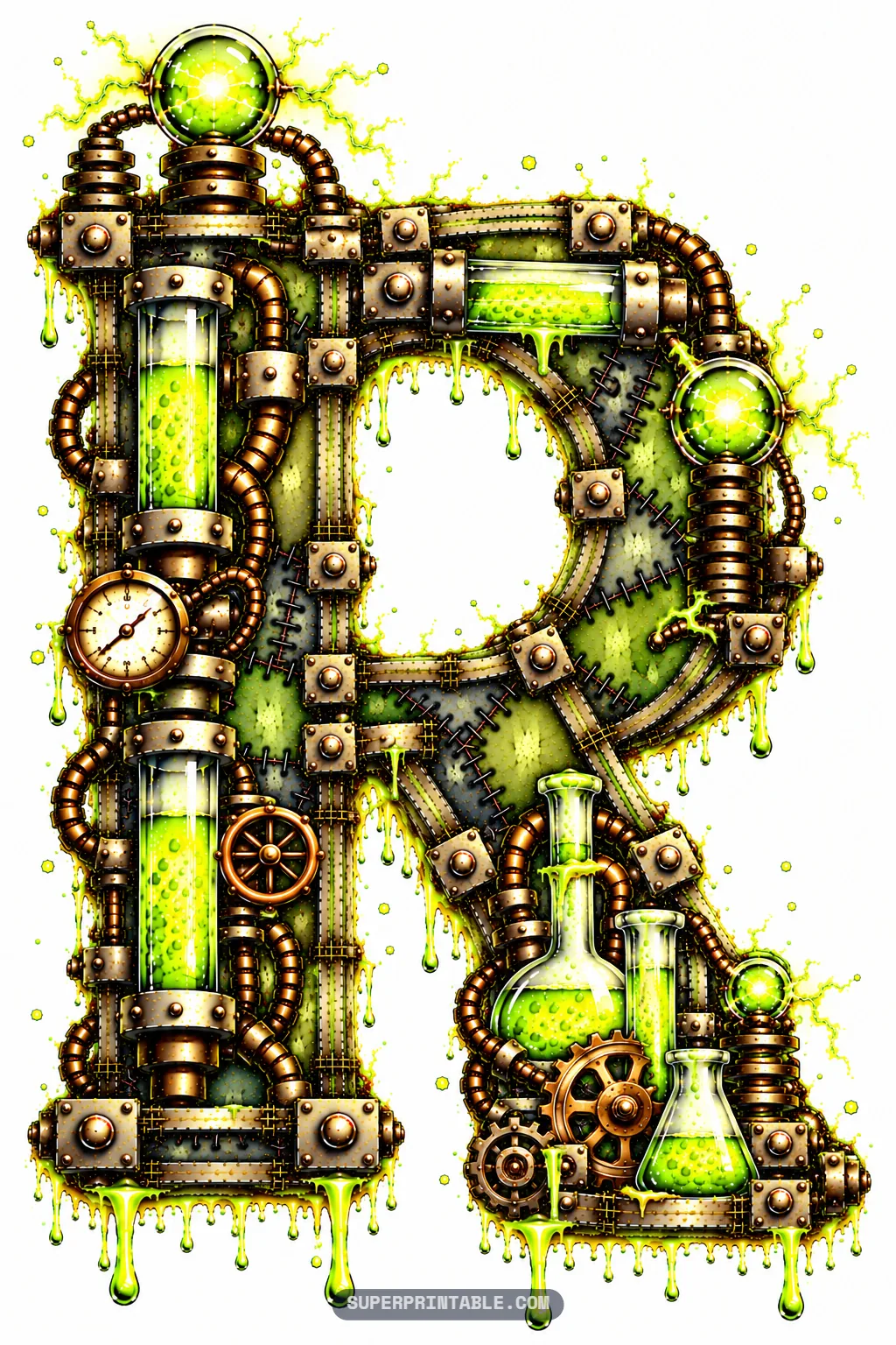 Letter R with stitched green skin, bronze interlocking gears, bubbling laboratory flasks, and a plasma globe