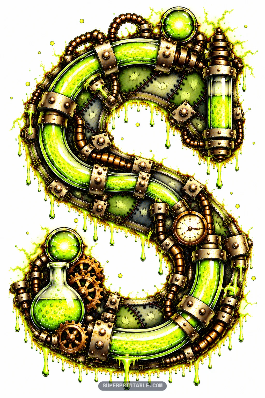 Serpentine letter S lined with curved green fluid tubes, interlocking bronze gears, and a boiling flask
