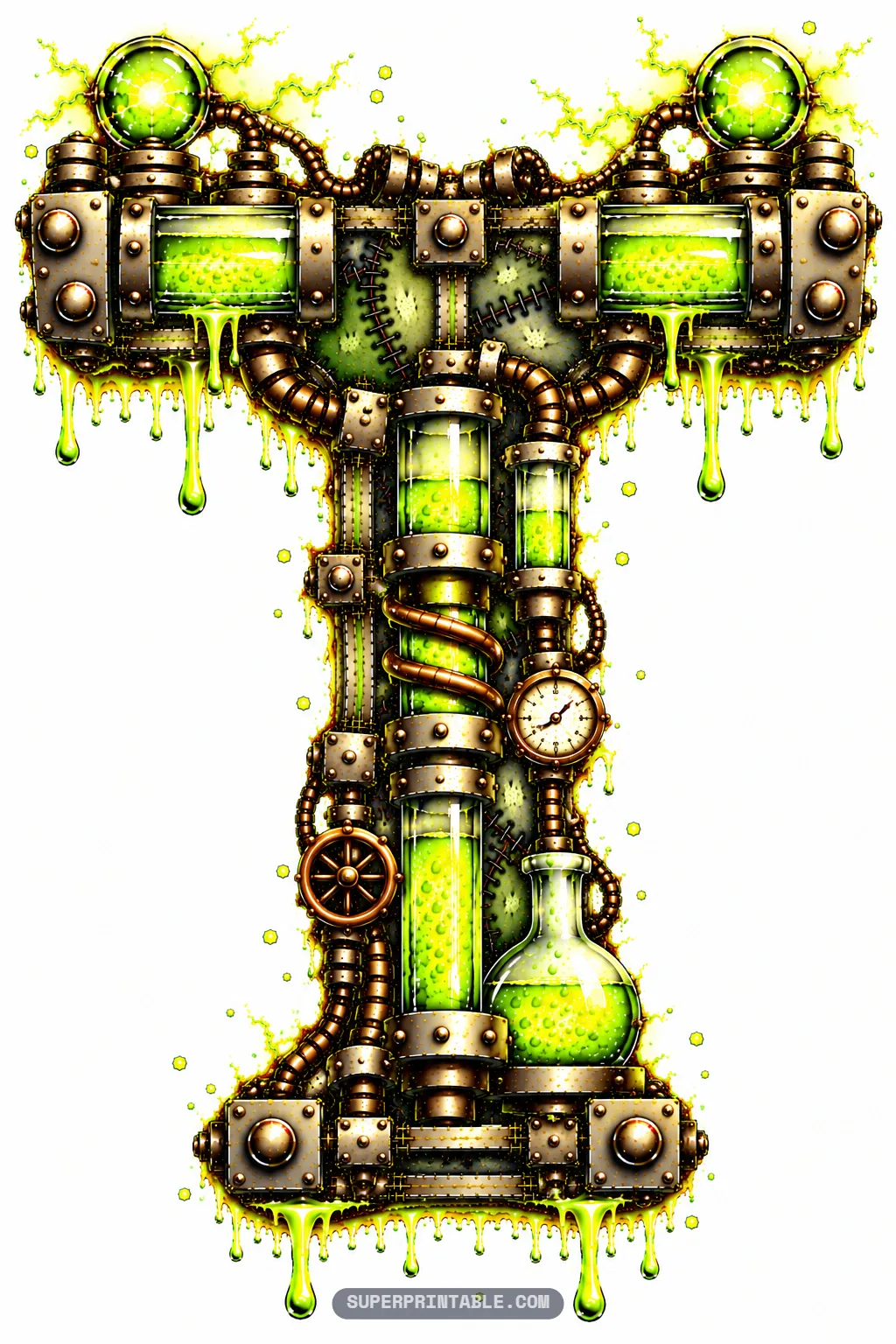 Letter T with horizontal potion cylinders, twin top plasma globes, and a spiral-wrapped central glass stem