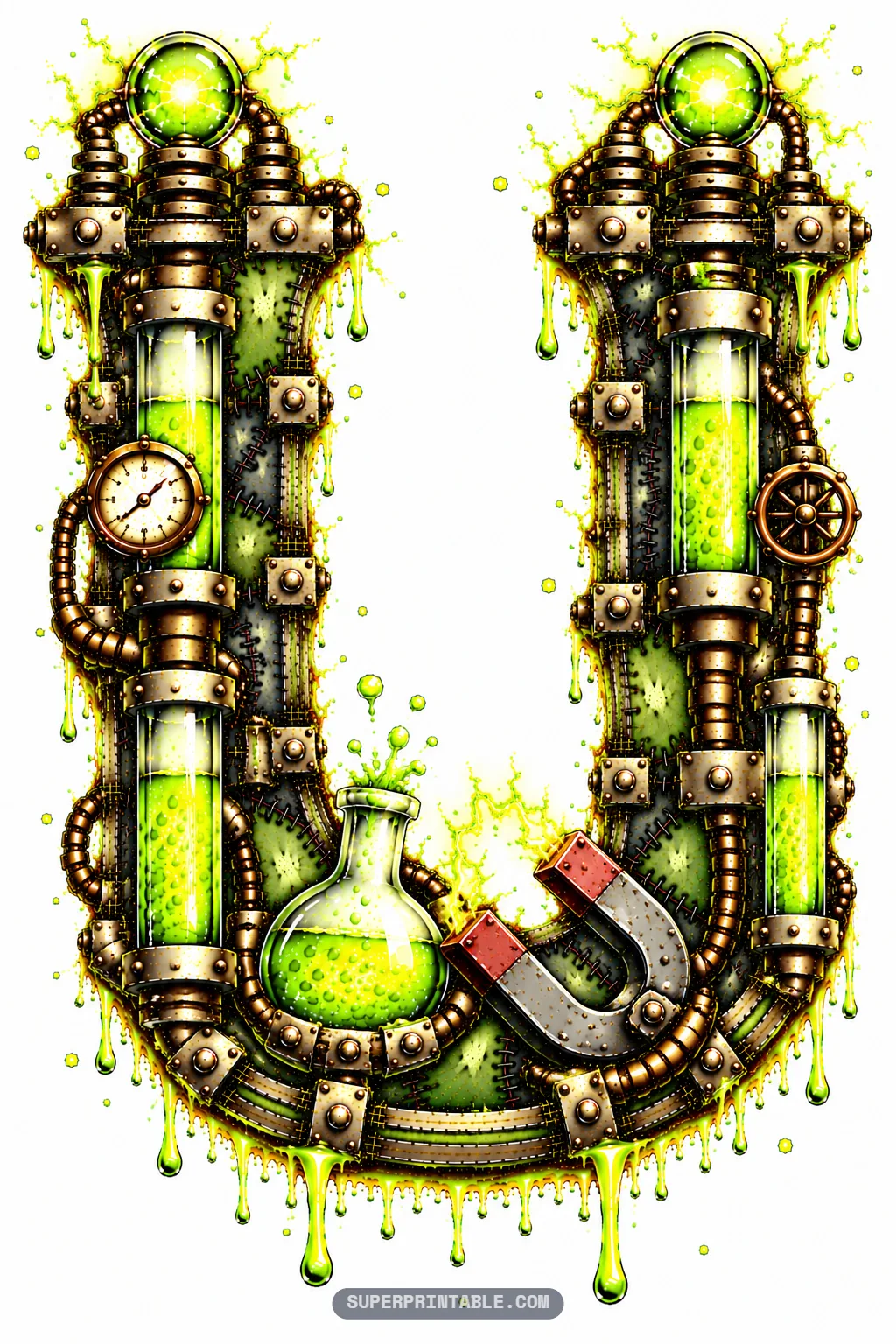 Letter U with twin plasma uprights, a bubbling round flask, and a red-tipped horseshoe magnet at the base