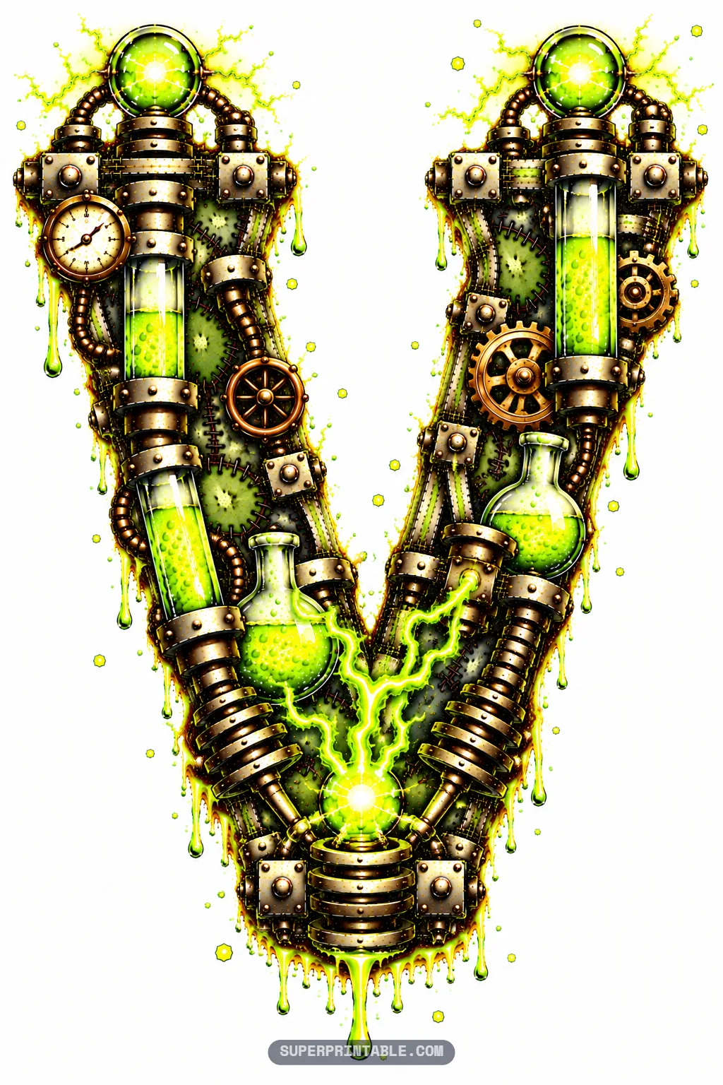 Letter V with diagonal fluid tubes, gears, and a luminous green plasma globe discharging sparks at the apex