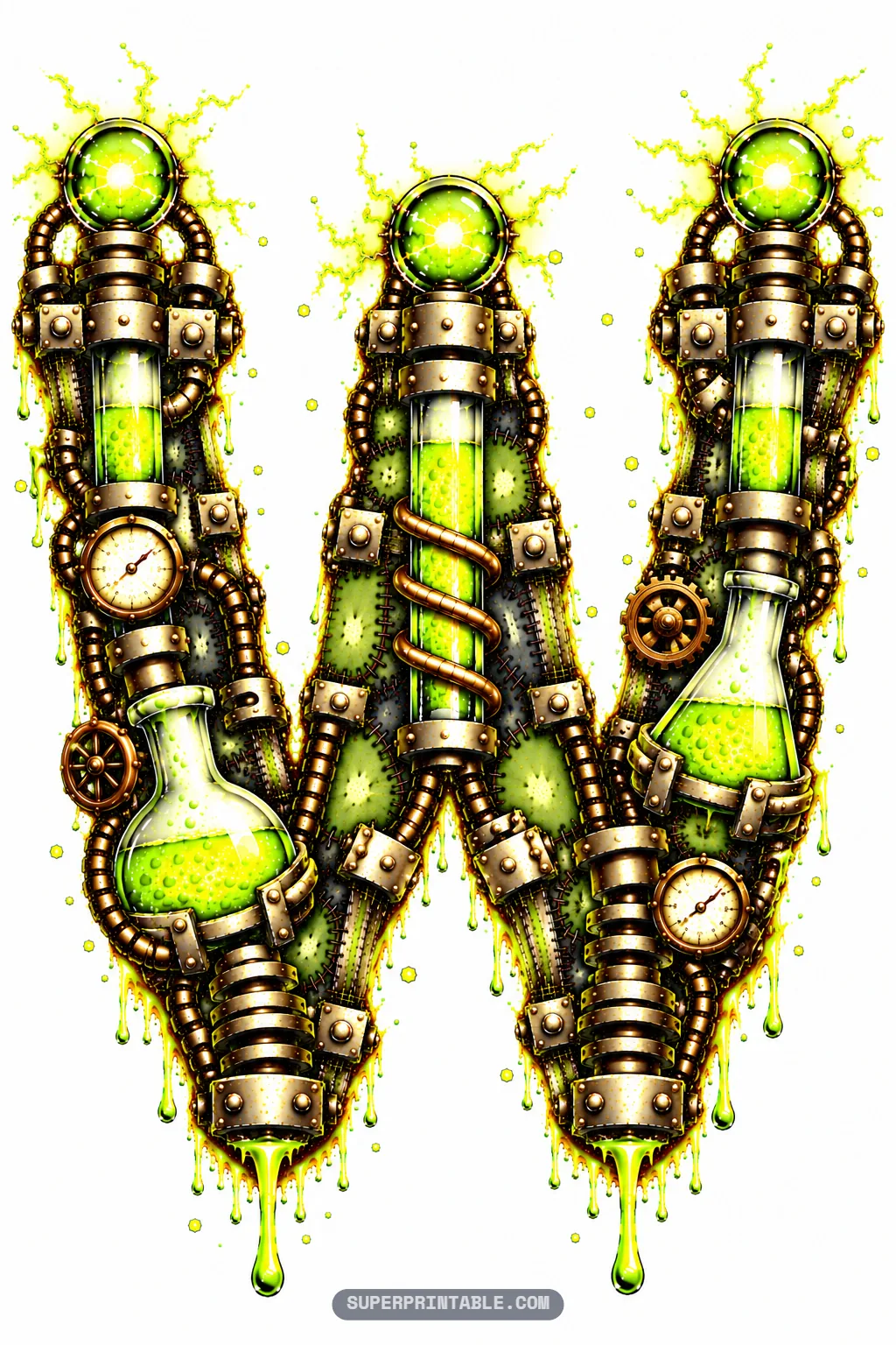 Letter W with three plasma orb peaks, bubbling laboratory flasks, pressure gauges, and dripping green slime