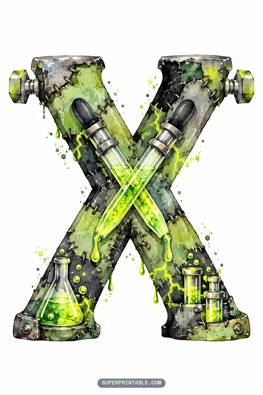 Letter X with two crossed glass medicine droppers, hexagonal neck bolts, and electrical sparks on stitched skin