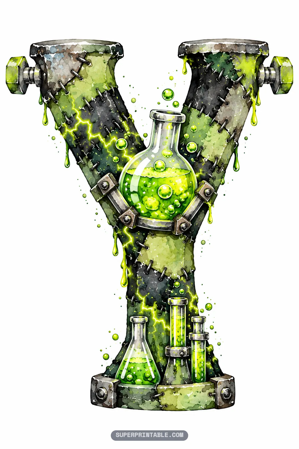 Letter Y with Frankenstein neck bolts, a bubbling green flask in the central fork, and branching lightning