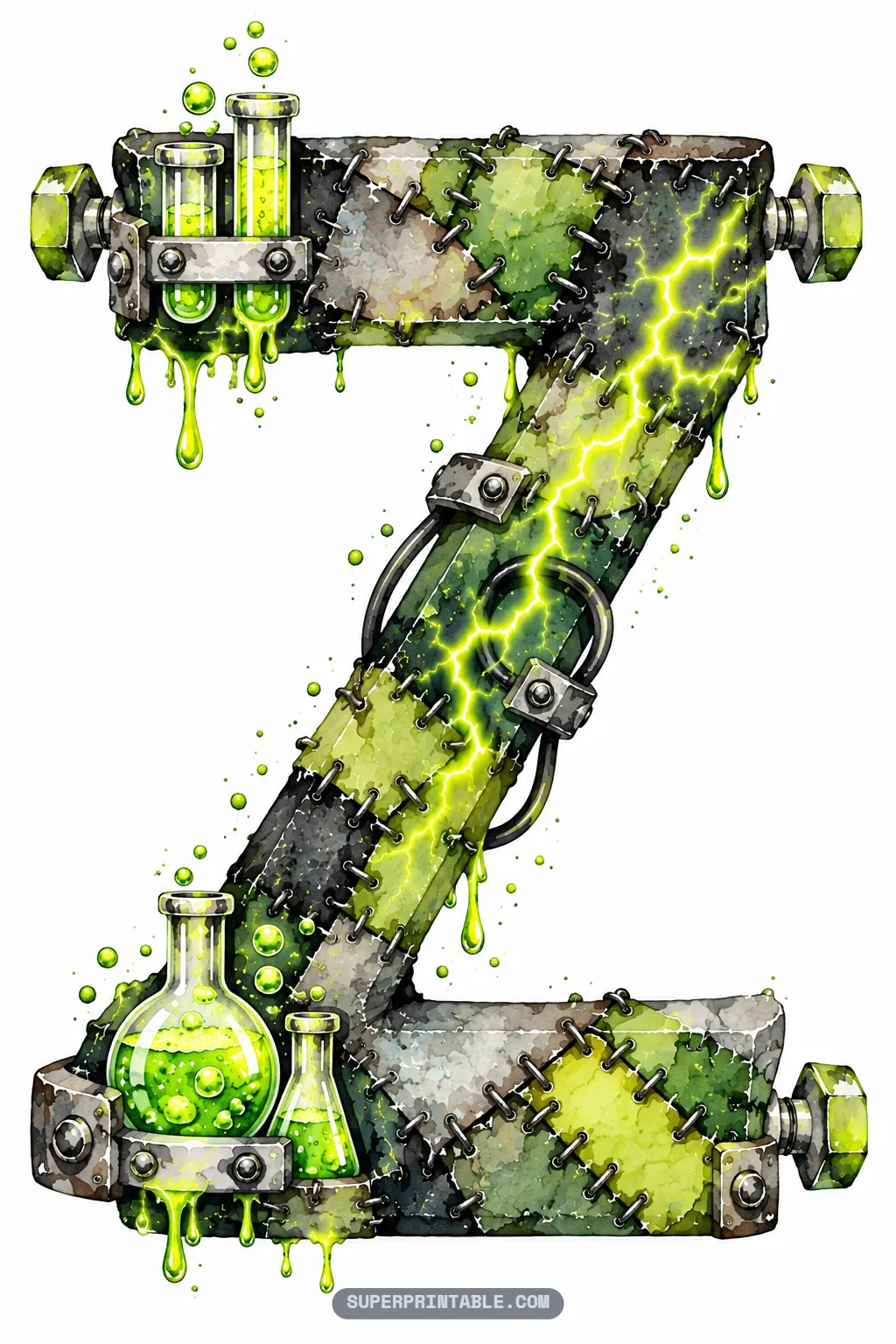 Letter Z with corner neck bolts, test tubes, bubbling flasks, and a crackling green electric fracture line