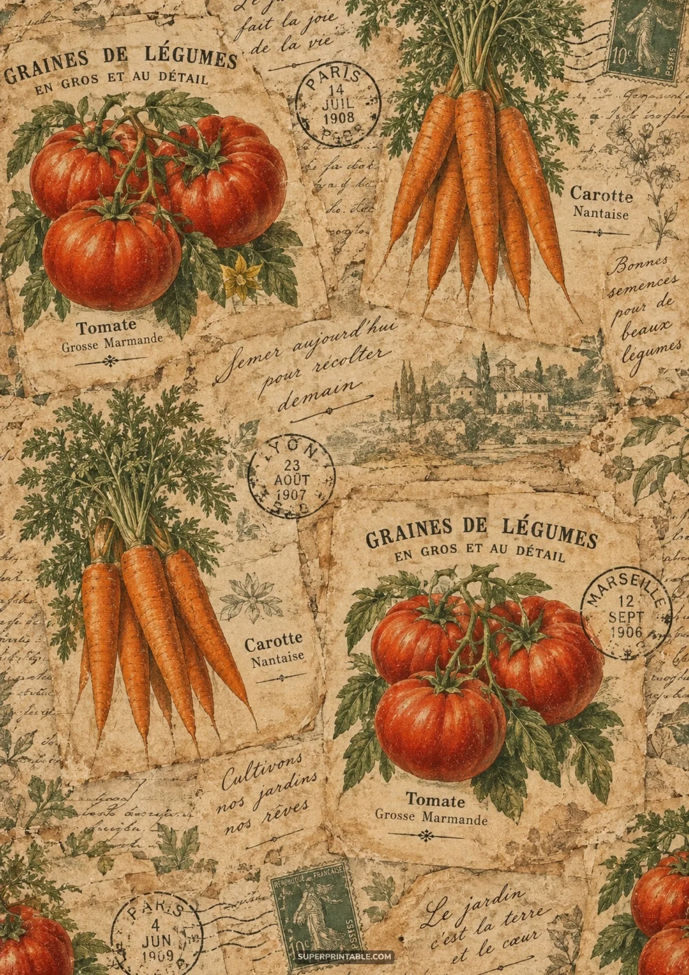 French botanical seed merchant paper with illustrations of heirloom tomatoes, carrots, and postmarks