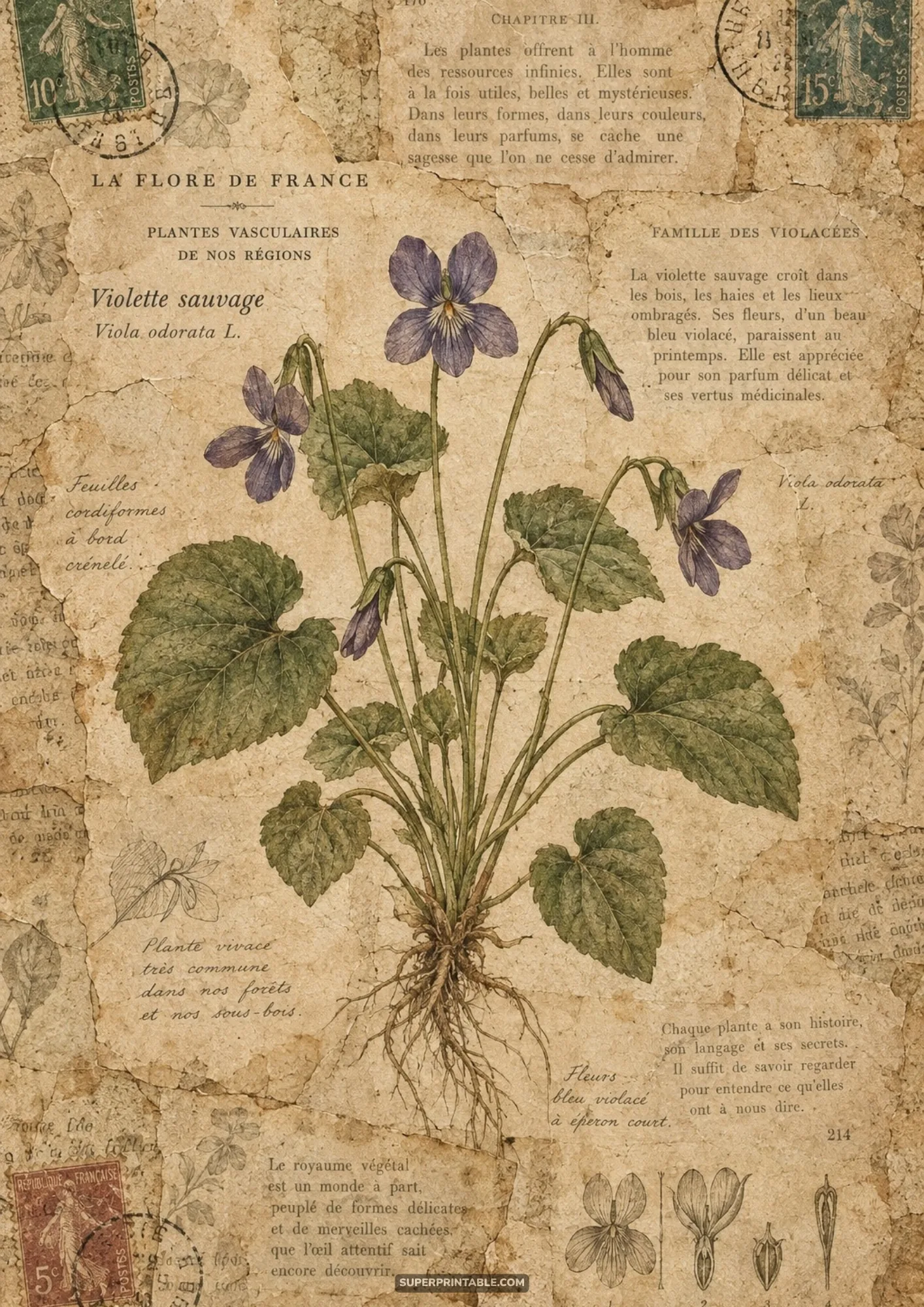 Antique French botanical herbarium print of wild purple violets with botanical root anatomy diagrams