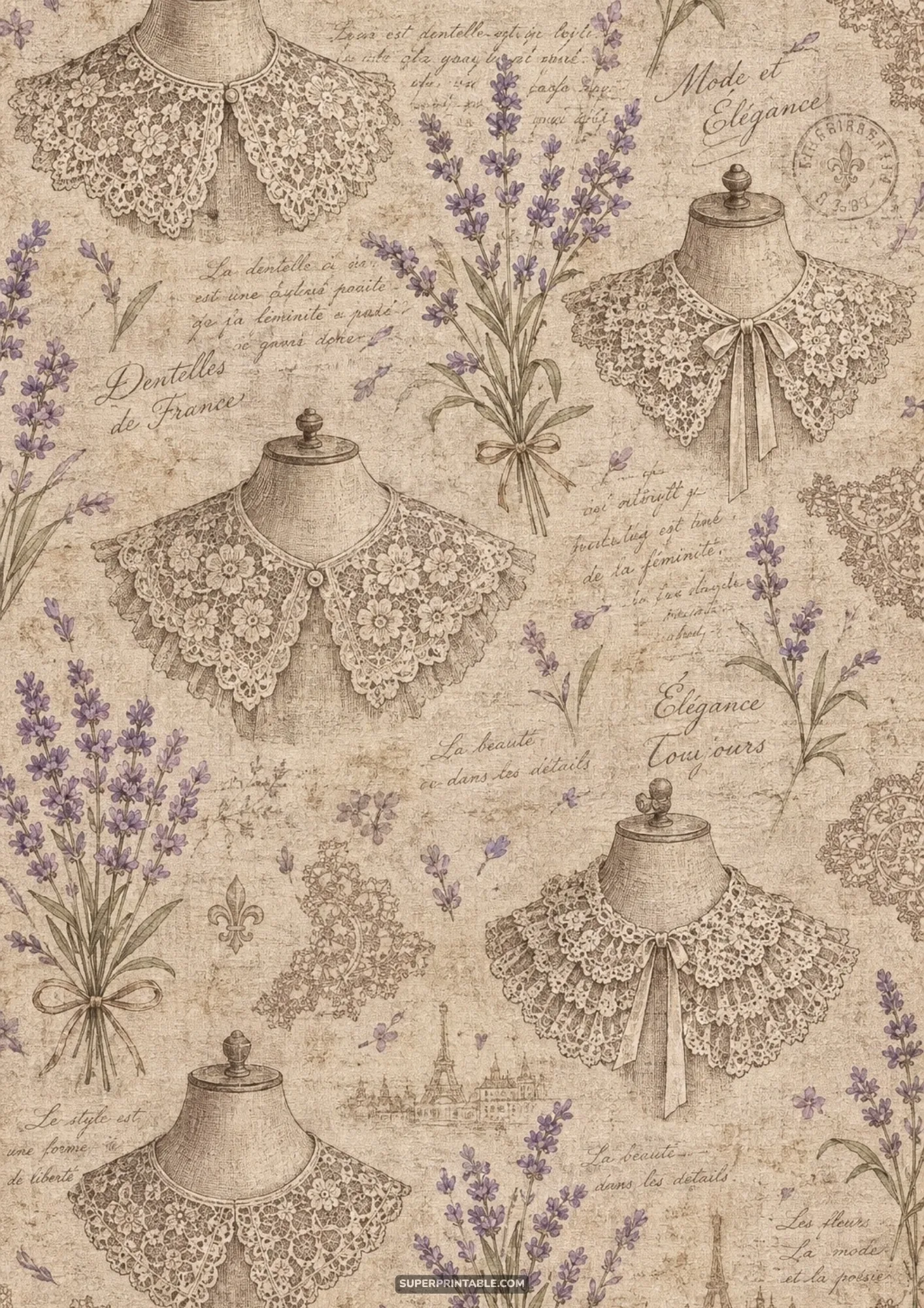 Antique French fashion paper featuring detailed crochet lace collars on mannequins and lavender sprigs