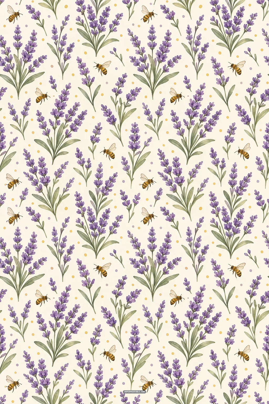 Fragrant purple lavender sprigs and busy little honeybees scattered over warm cream botanical art paper