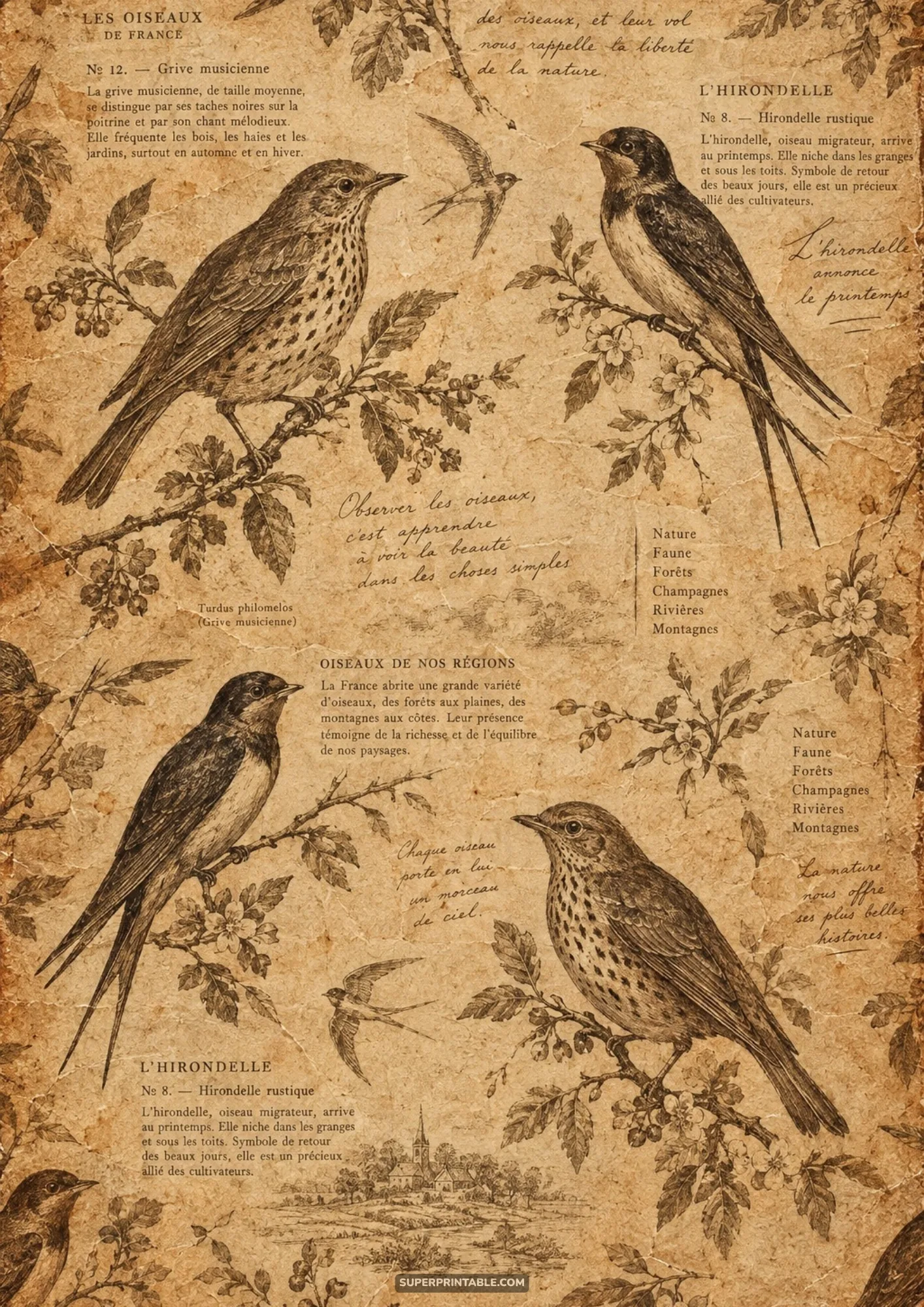 French naturalist ornithology study sheet with vintage illustrations of song thrushes and flying swallows