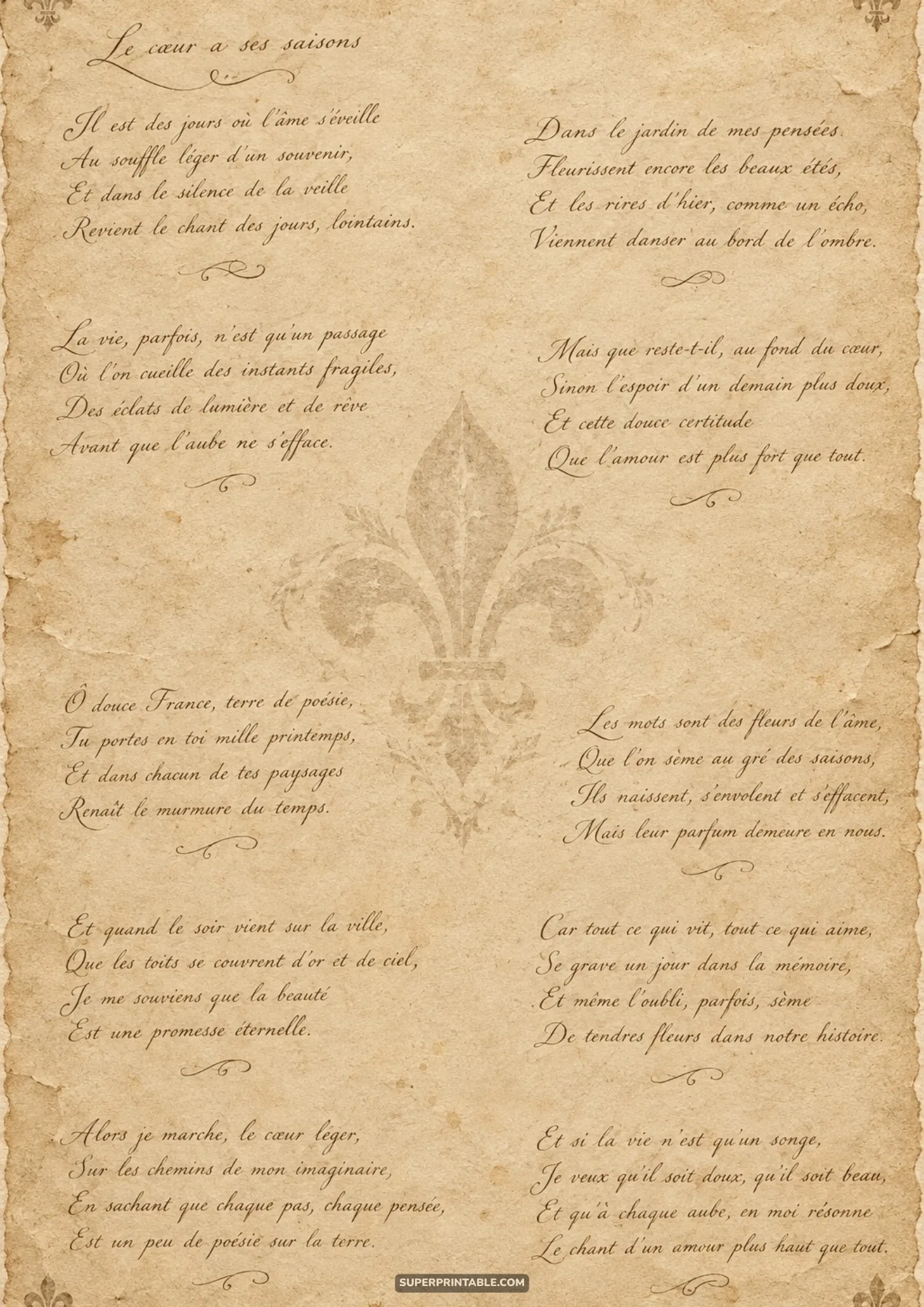 Antique parchment paper with French rhyming poetry in flowing cursive and a central fleur-de-lis emblem