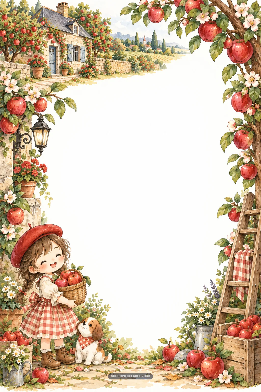 Girl in red beret holding an apple basket by a French stone cottage and garden