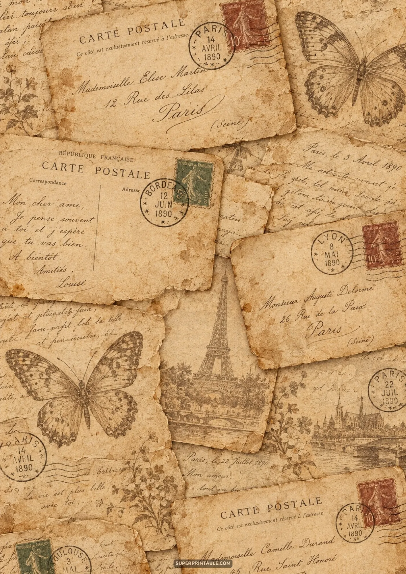 Layered antique French postcards from 1890 with postmarks, butterfly sketches, and the Eiffel Tower
