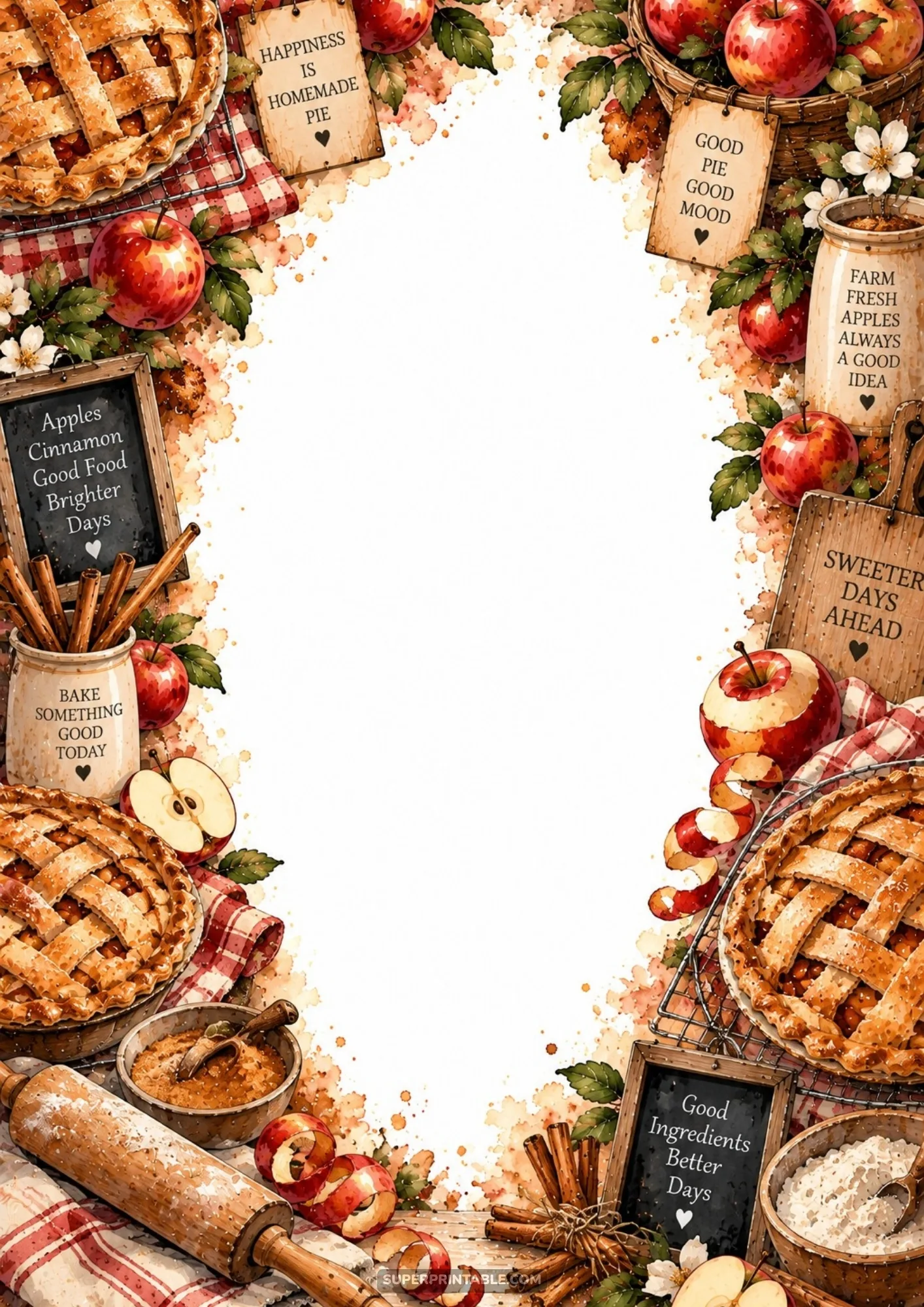 Golden lattice crust apple pies with rolling pin, fresh peeled apples, and baking ingredients on wood table