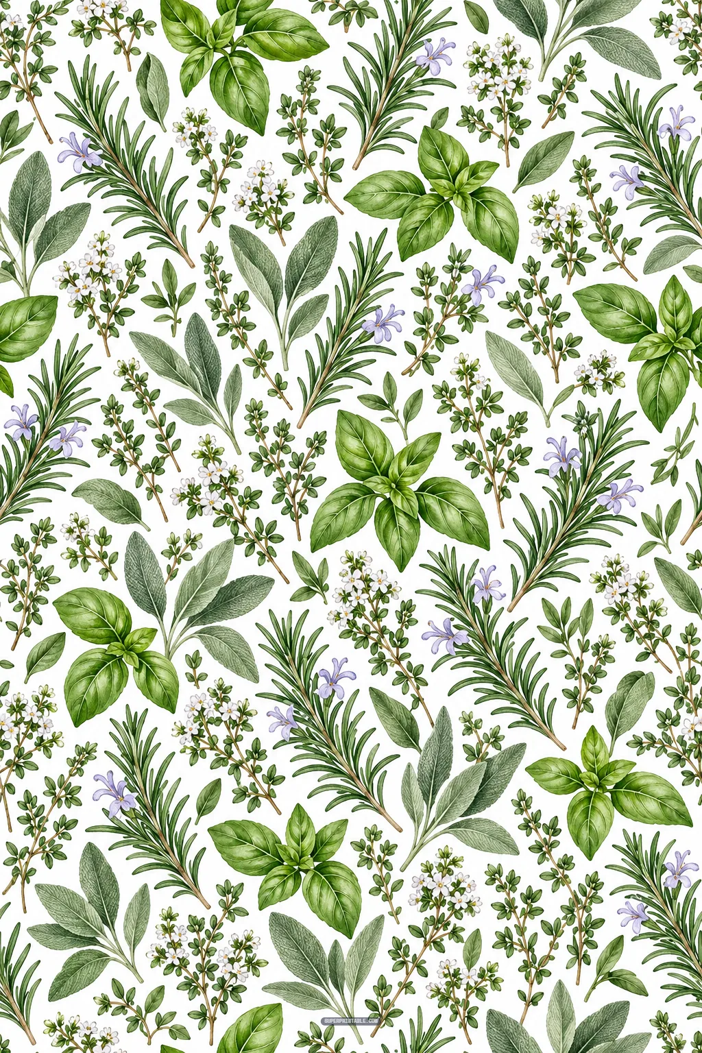 Detailed botanical repeat of fresh culinary garden herbs including basil, rosemary, thyme, and textured sage