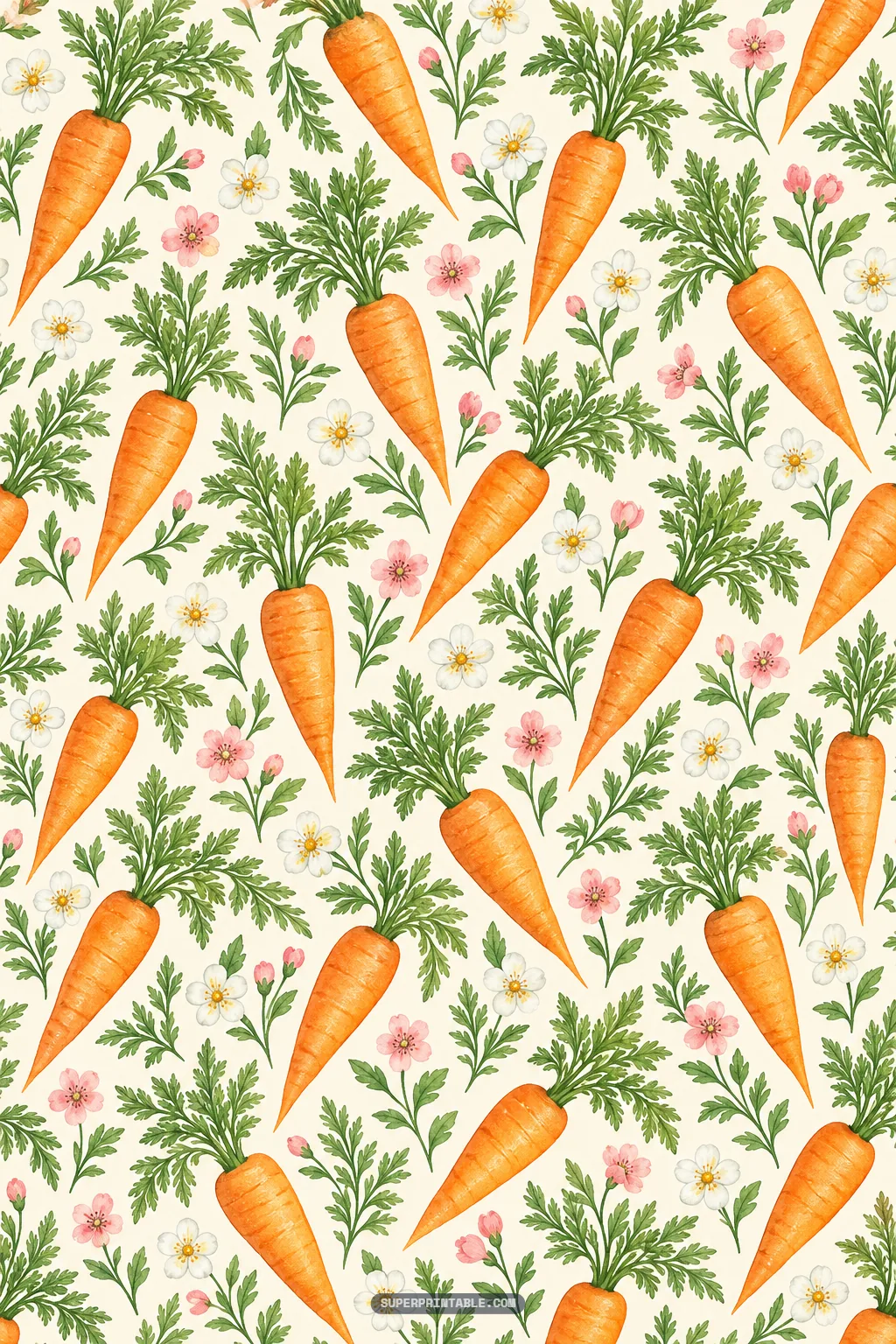 Vibrant orange garden carrots with leafy green foliage and dainty floral blossoms on an ivory background