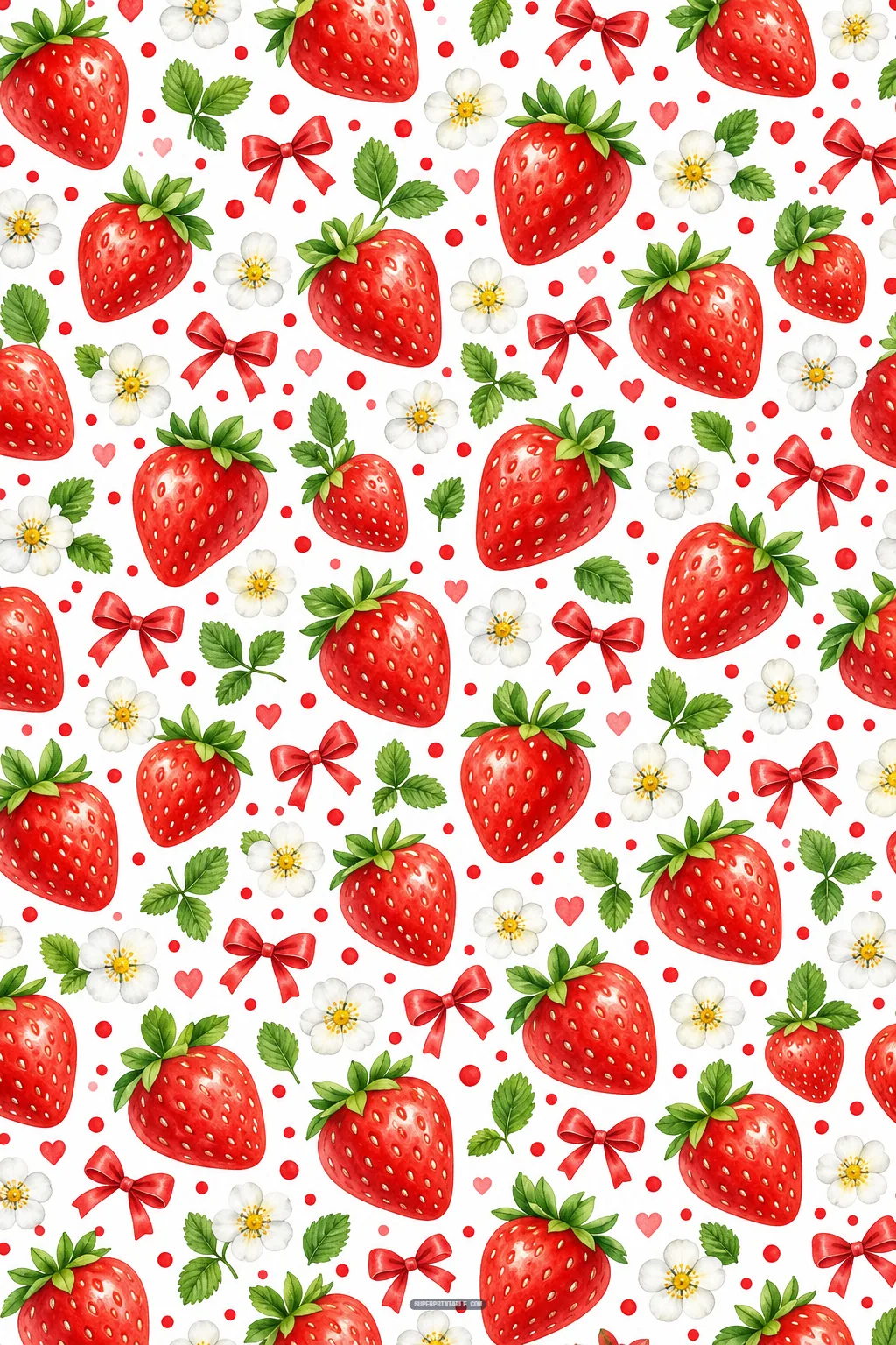 Plump watercolor strawberries, white blossoms, foliage, and petite red bows