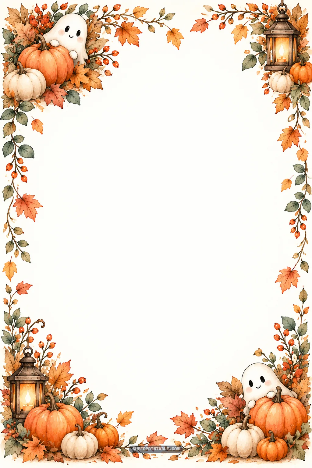 Cute watercolor Halloween border with friendly smiling ghosts peeking out behind harvest pumpkins.