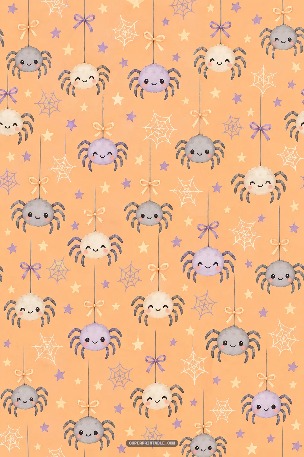 Adorable fluffy spiders hanging by threads tied with ribbon bows on kawaii halloween magic digital papers