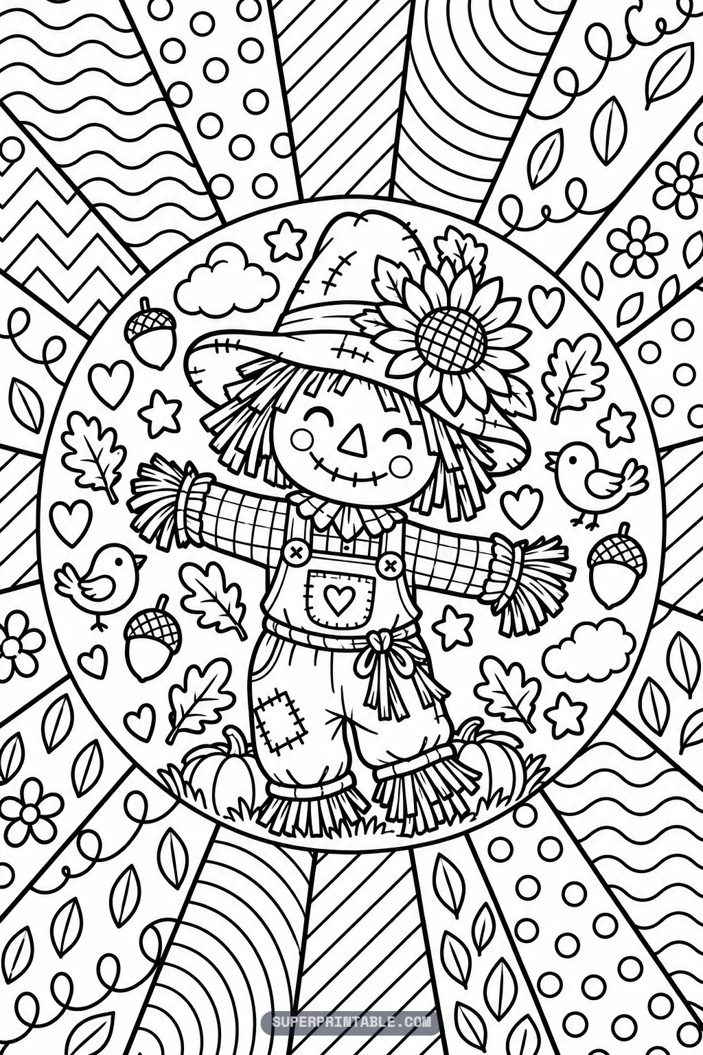 Smiling scarecrow in sunflower hat and overalls flanked by little birds and pumpkins on patterned rays