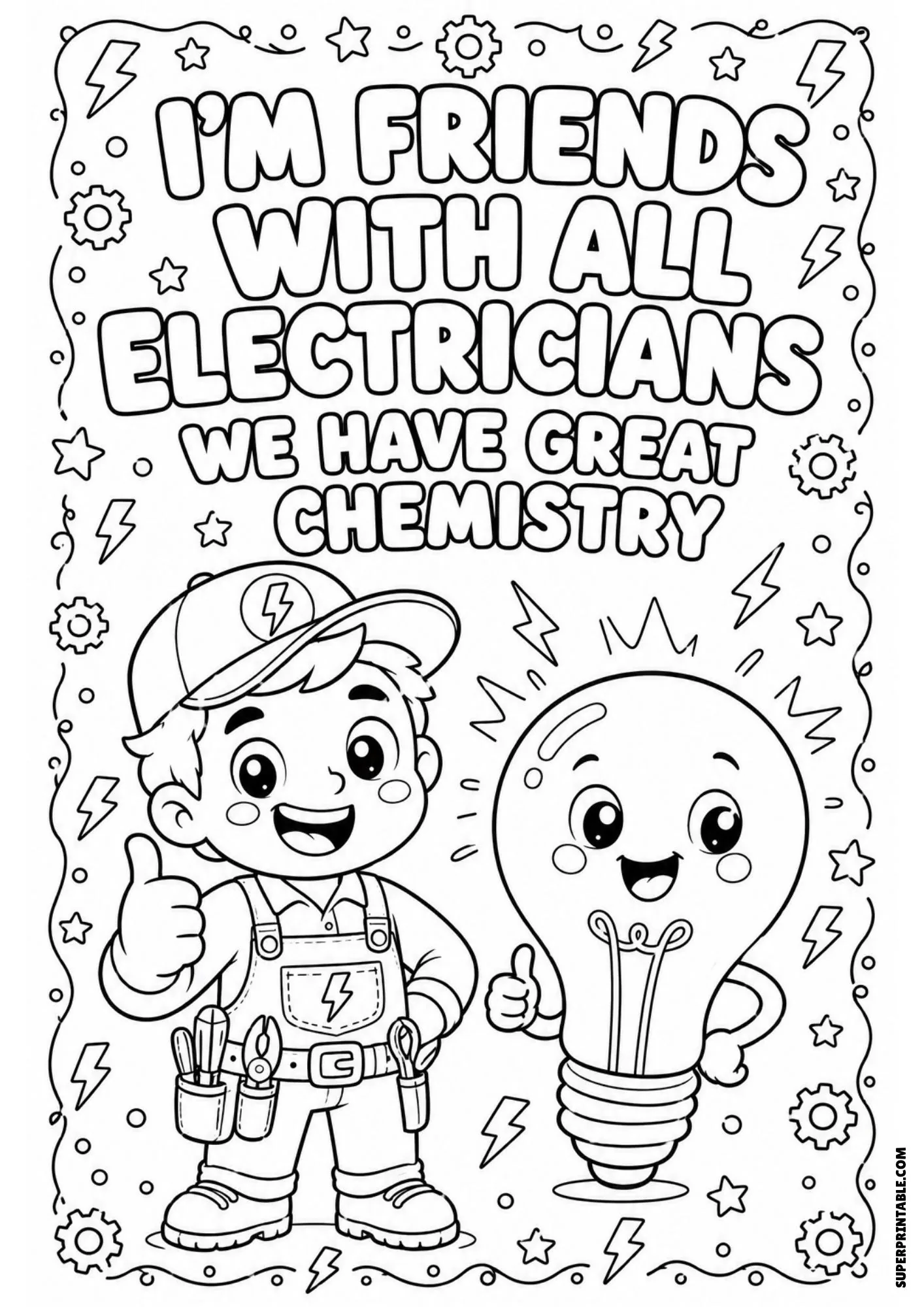 Humorous electrician dad joke printable page with a friendly worker and lightbulb.