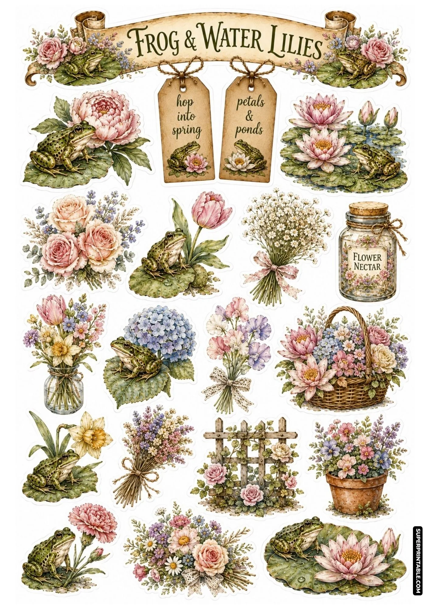 Botanical frog and water lilies sticker sheet featuring vintage floral bouquets, pink lotus blooms, and green garden frogs.
