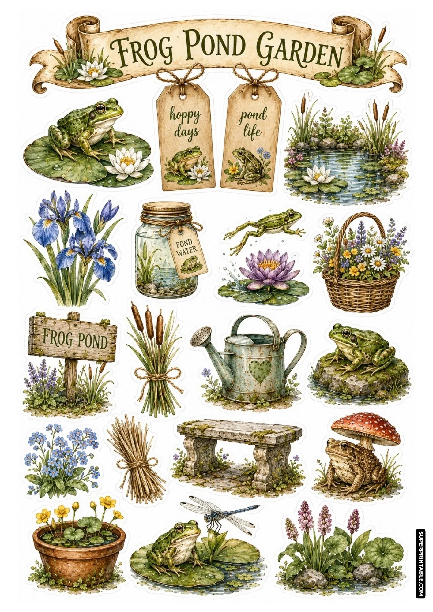Frog pond garden sticker sheet showcasing blue iris flowers, leaping frogs, cattails, stone bench, and toadstool mushroom.