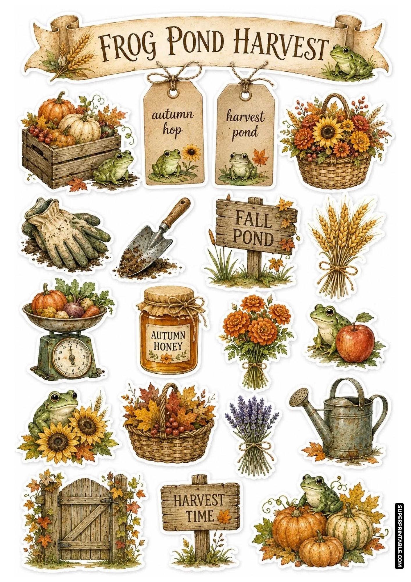 Autumn harvest frog pond sticker sheet with pumpkins, fall leaves, orange marigolds, wooden sign, and frogs.