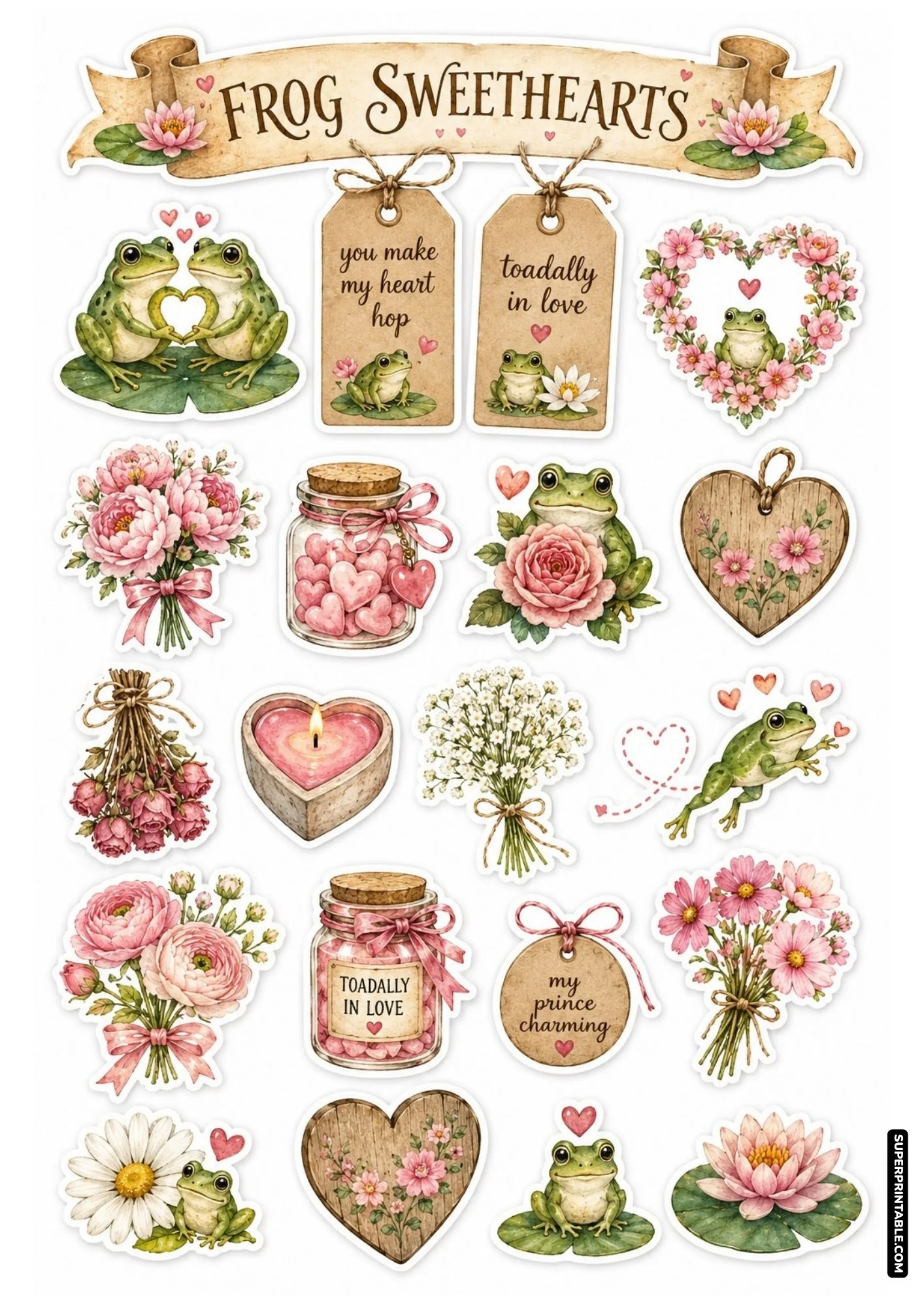 Romantic frog sweethearts sticker sheet with heart-shaped frog pose, pink peonies, heart jar, and tender quotes.