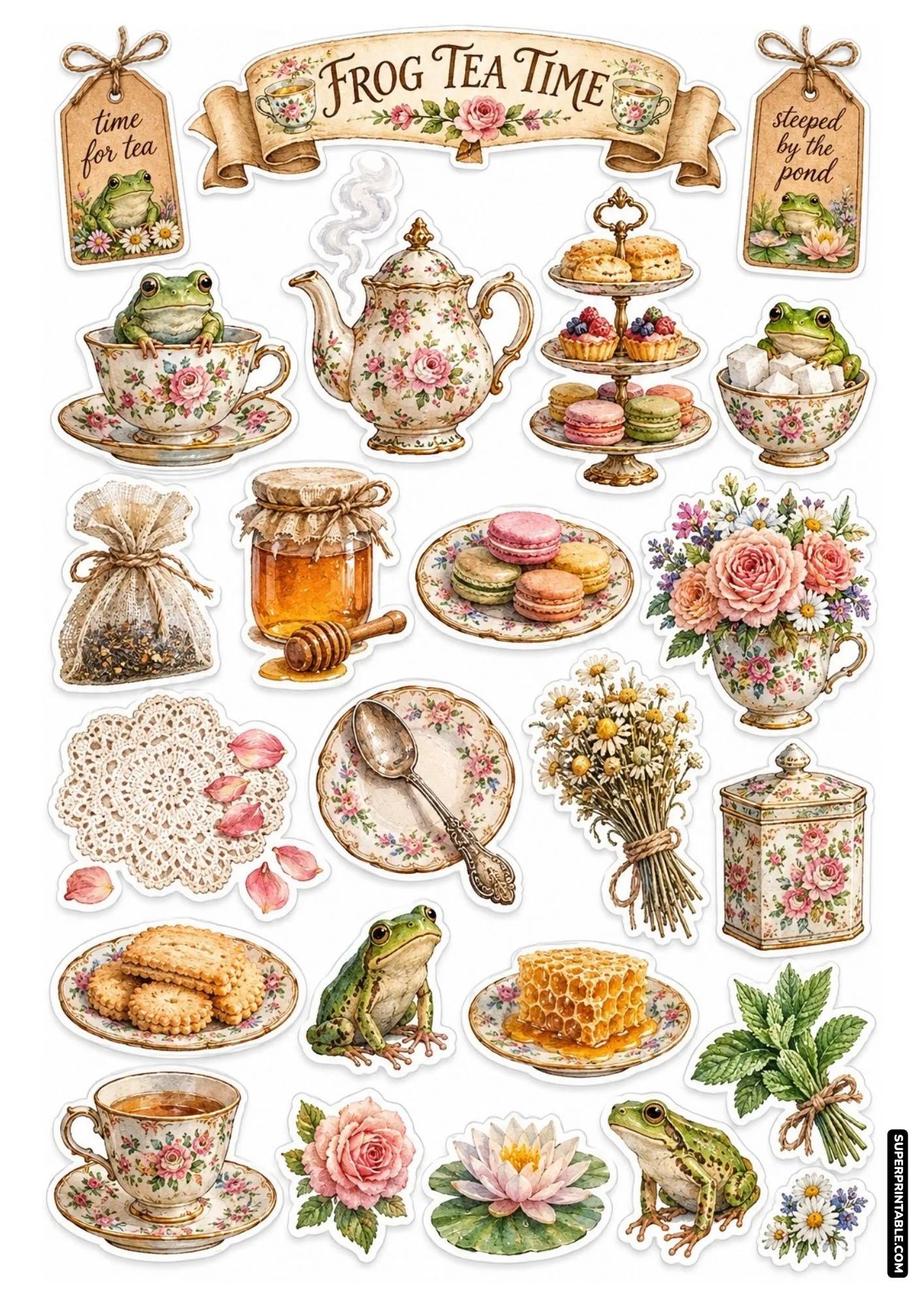 Vintage frog tea time sticker sheet featuring teacups, floral teapot, tiered pastry stand, honeycomb, and frogs.