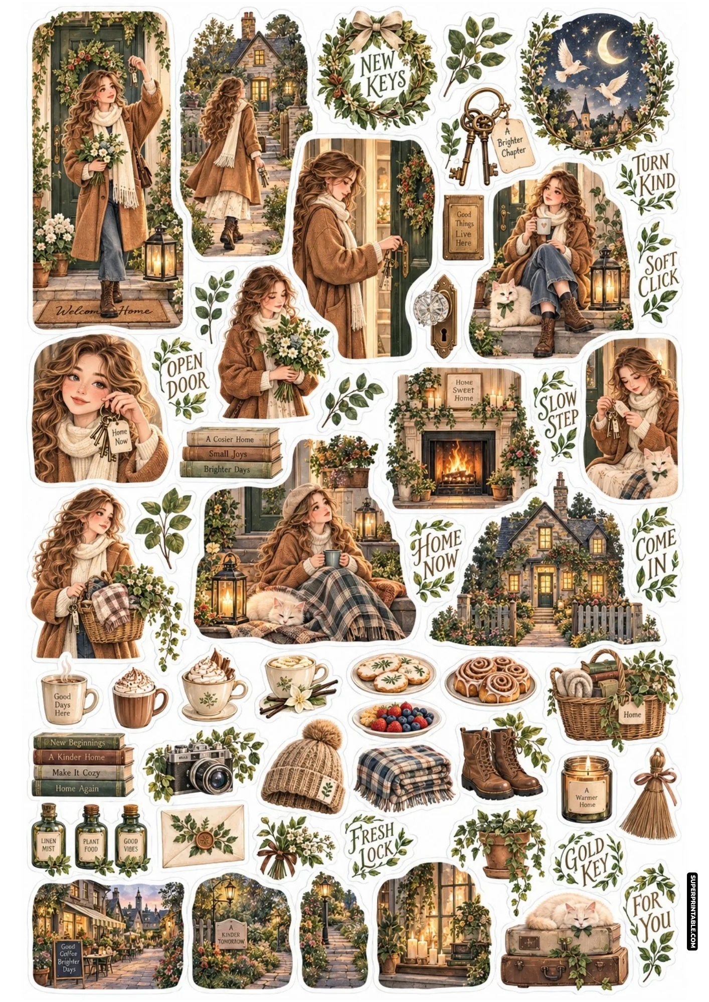 Cottage front porch arrival and house key illustrations from new home sticker sheets for journals