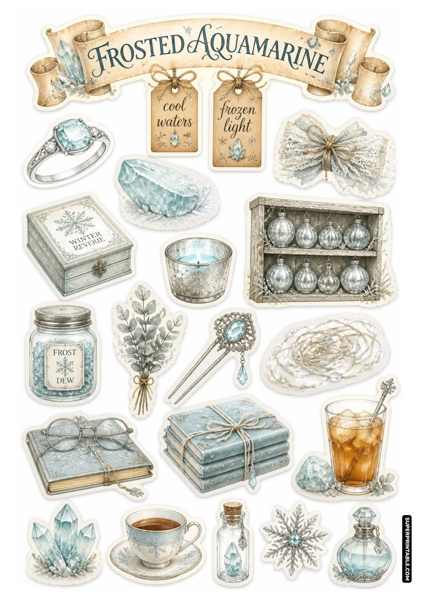 Icy light blue aquamarine crystals, snowflake journal, and silver ornaments on a printable sticker sheet.