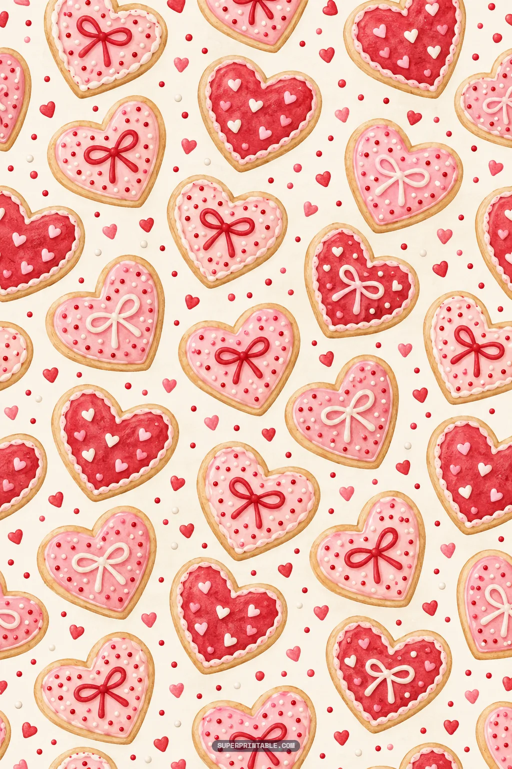 Decorative heart-shaped sugar cookies decorated with pink icing, piped bows, and sprinkles