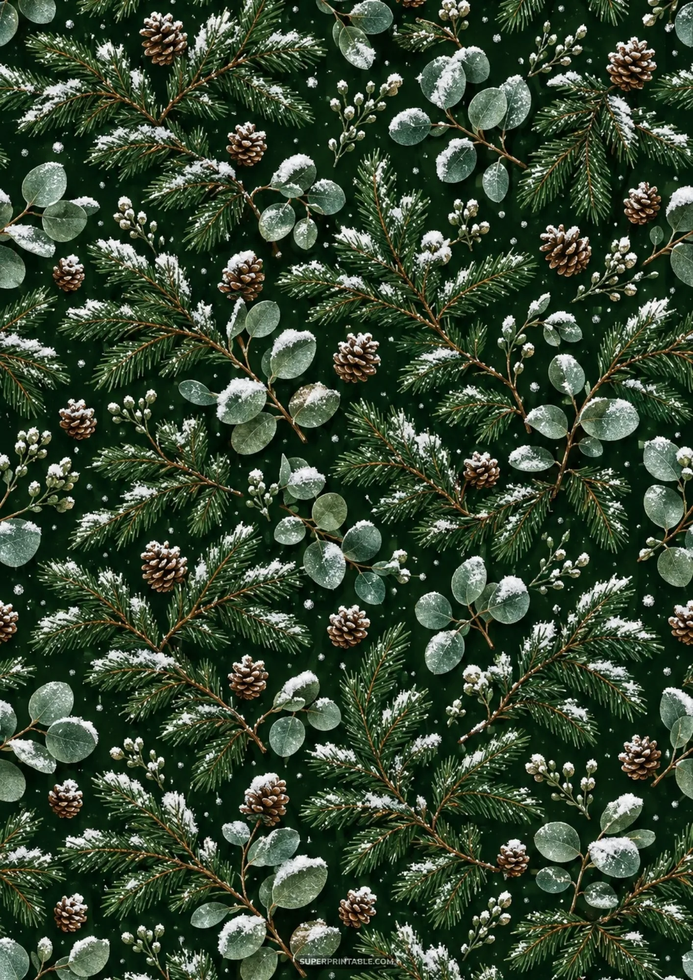 Frosted evergreen pine branches, eucalyptus leaves, and brown pinecones on a dark forest green background