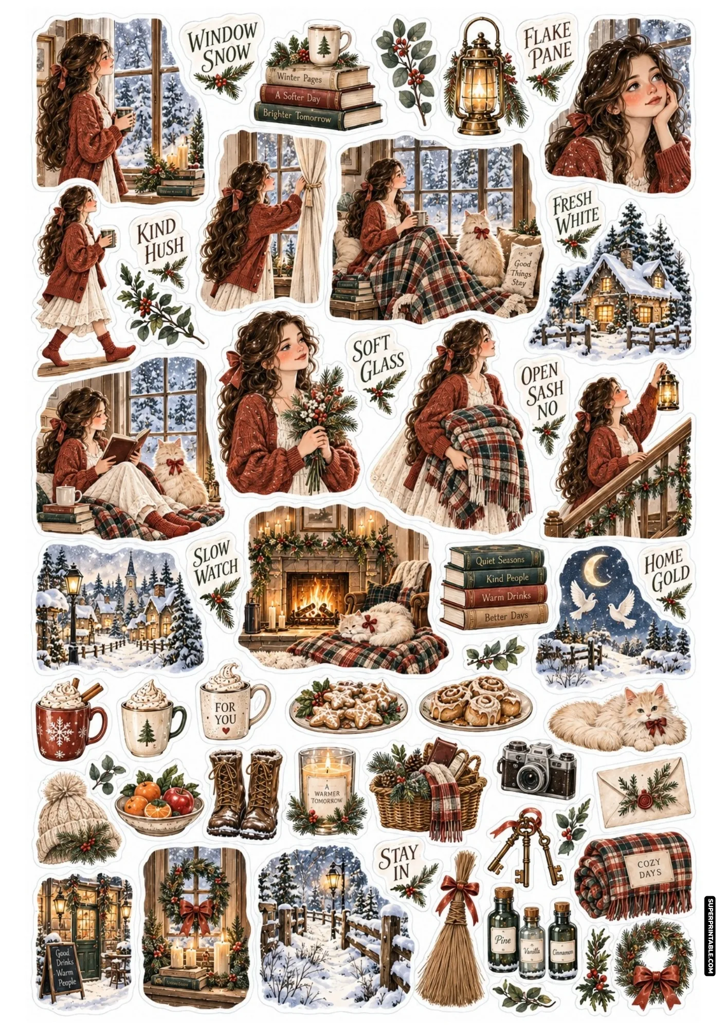 Quiet winter reading sticker sheet with frosty window views, warm blankets, and cozy feline companionship.