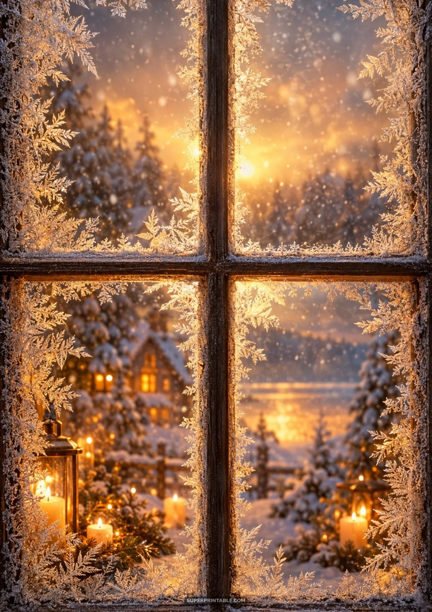 Frost-covered windowpane overlooking a cozy snow-covered cabin and glowing lanterns at golden sunset