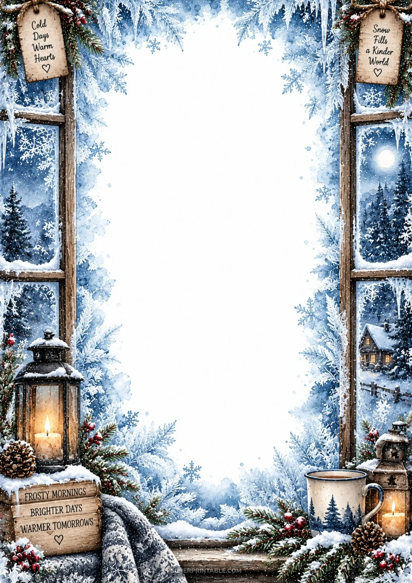 Frosty icy windowpane border with glowing candle lantern, evergreen mug, and snowy village view.