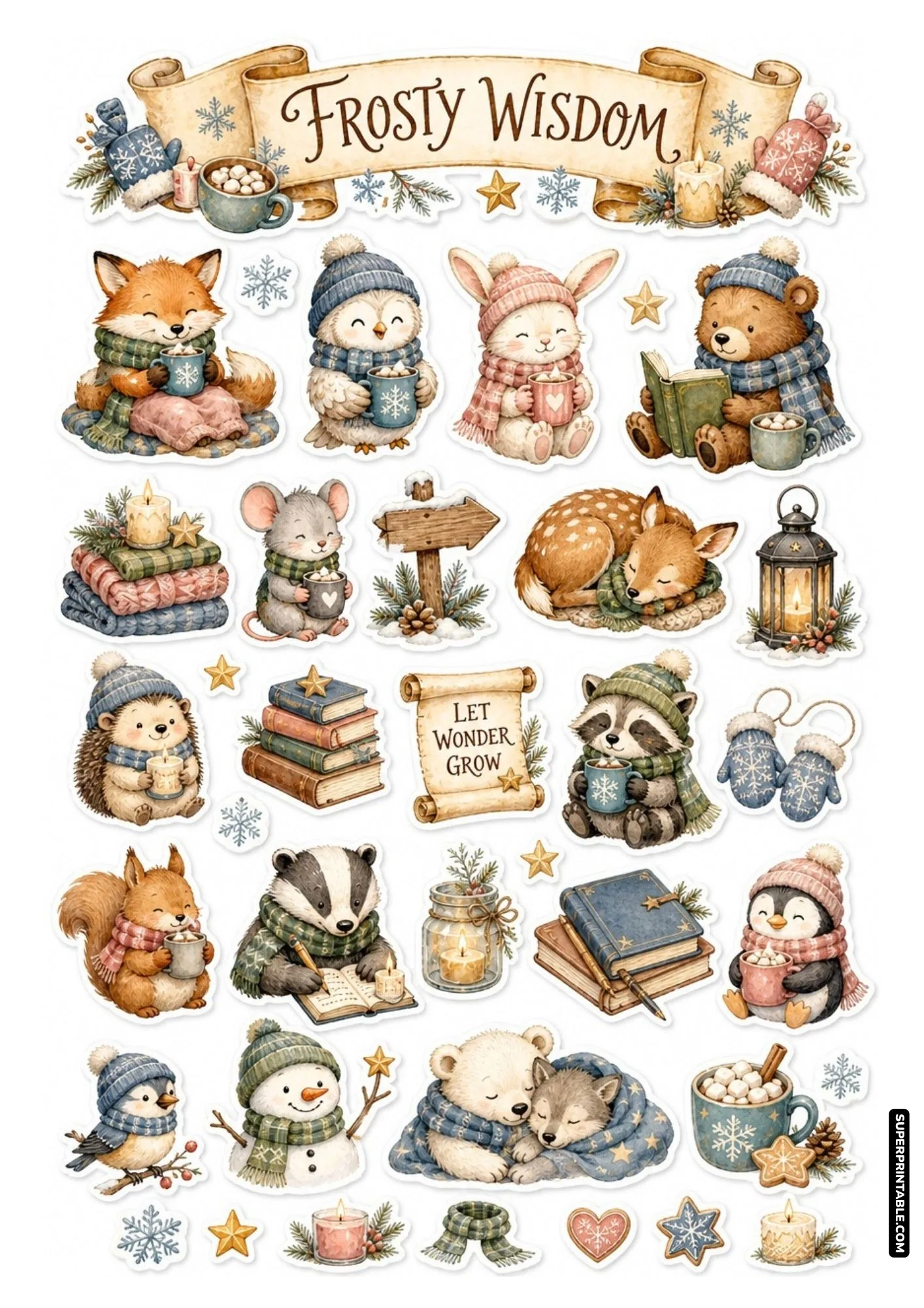 Frosty wisdom sticker sheet with reading animals, journals, books, and inspirational quotes.