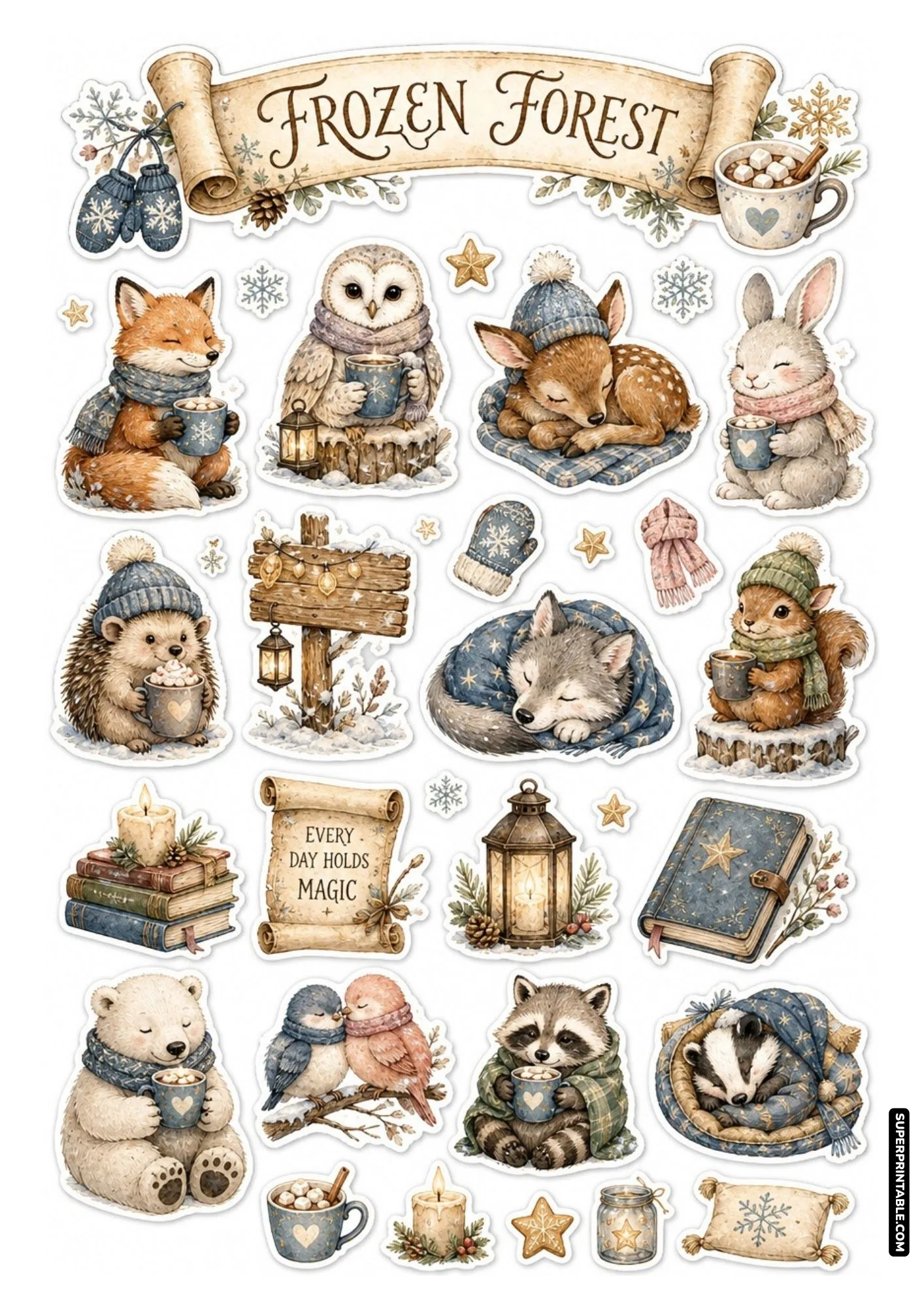 Winter woodland animal stickers featuring cozy scarves, lanterns, and inspirational quotes.