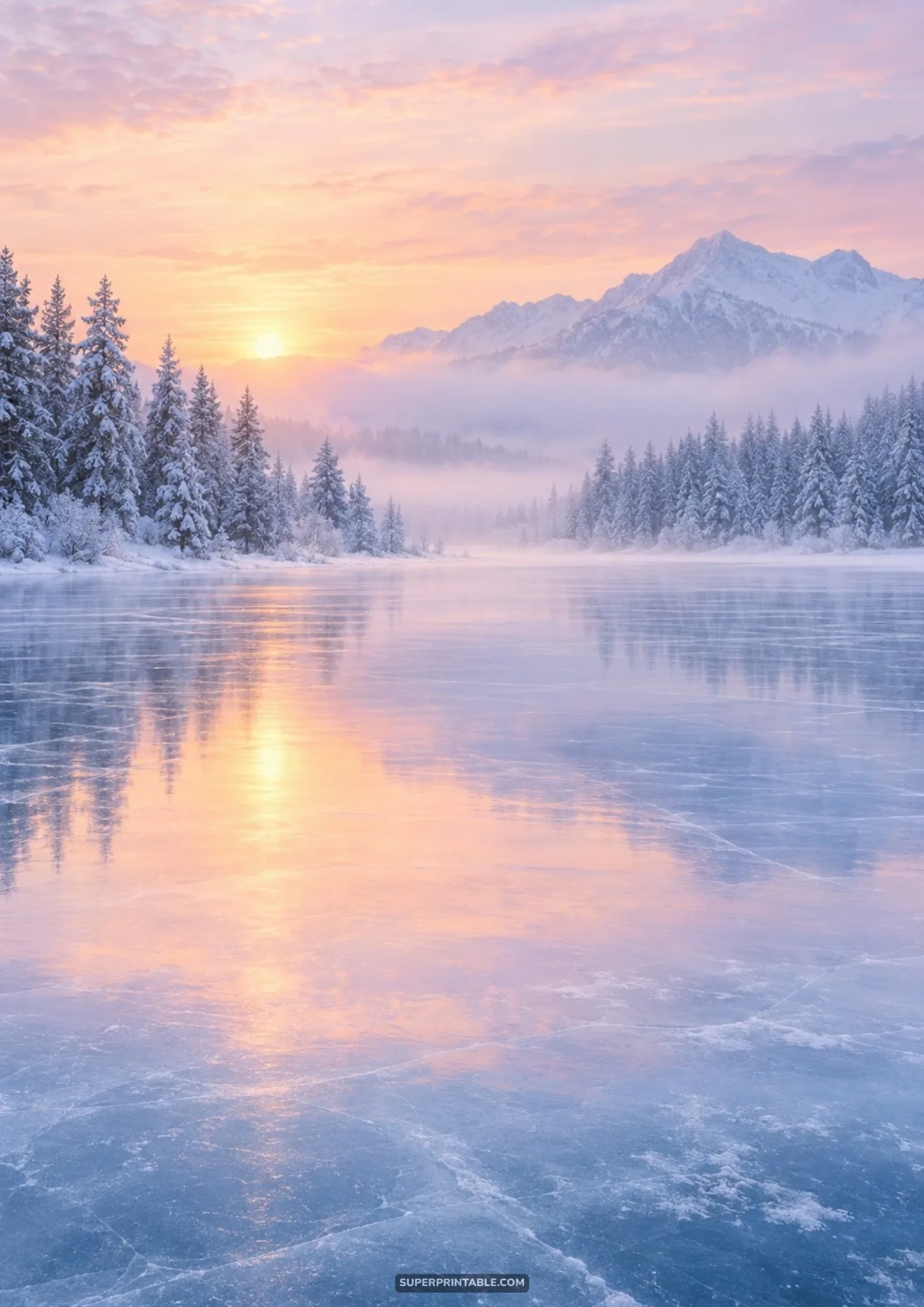 Smooth frozen alpine lake reflecting a pastel pink and gold sunrise backed by misty snowy mountains