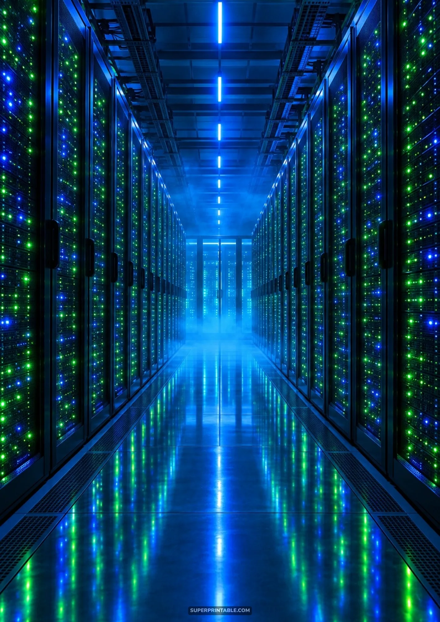 Futuristic server room corridor illuminated by glowing blue and green status lights on tall rack units